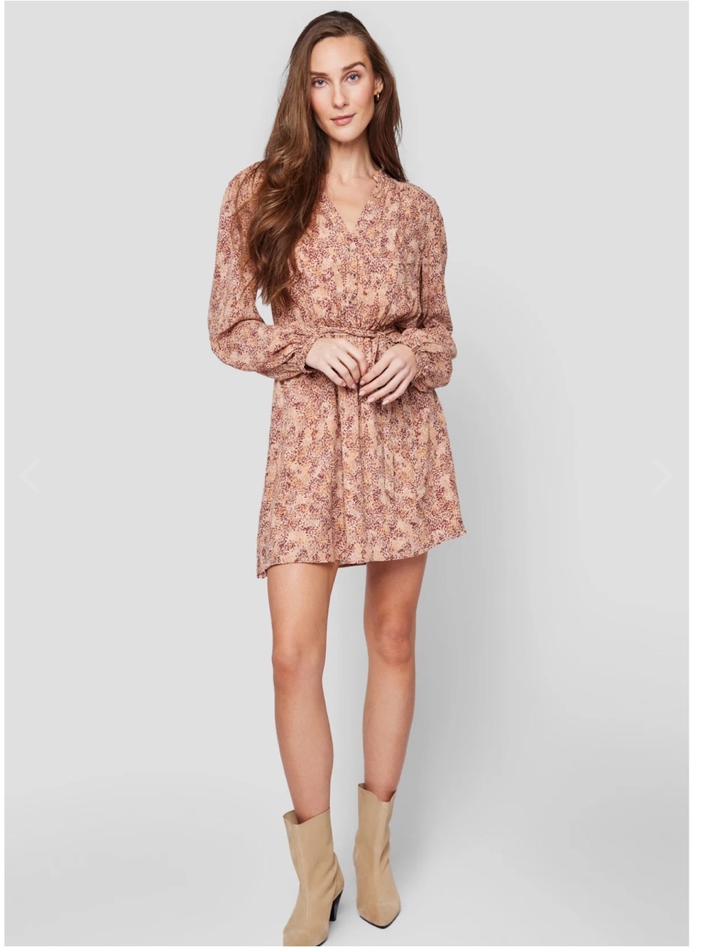 Gentle Fawn Long Sleeve Crinkle V-Neck Belted Retro Brown Abstract Print Dress